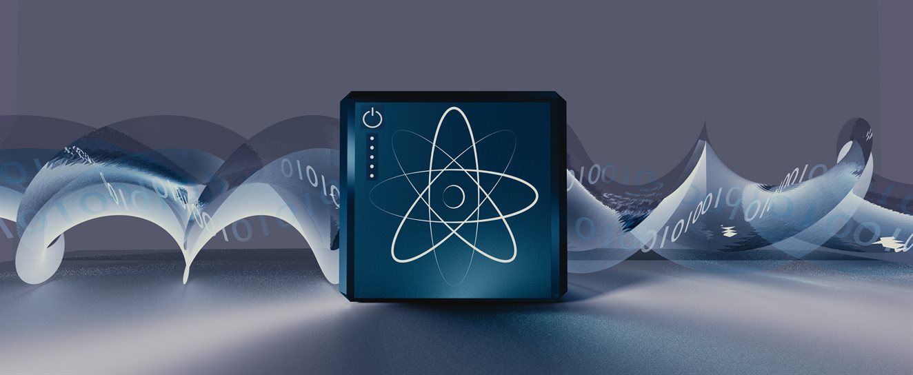 A futuristic-looking computer with an icon of an atom on the front