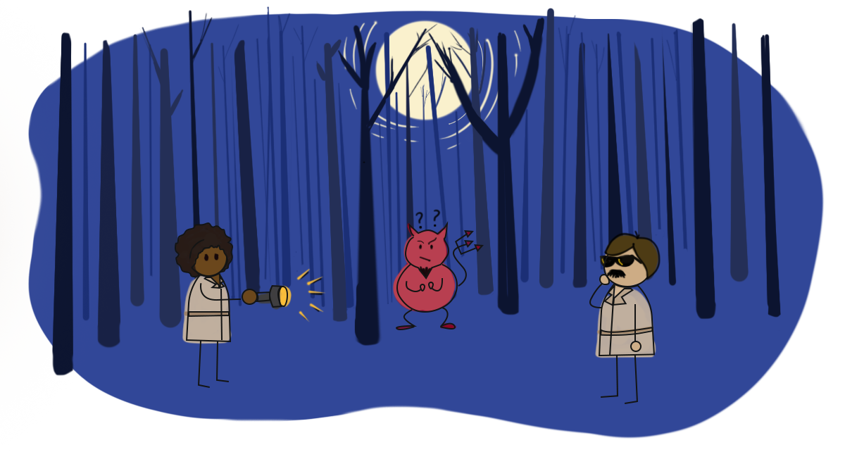 A cartoon of a man and a woman communicating via flashlight at night in the woods while a devil looks on in a confused manner