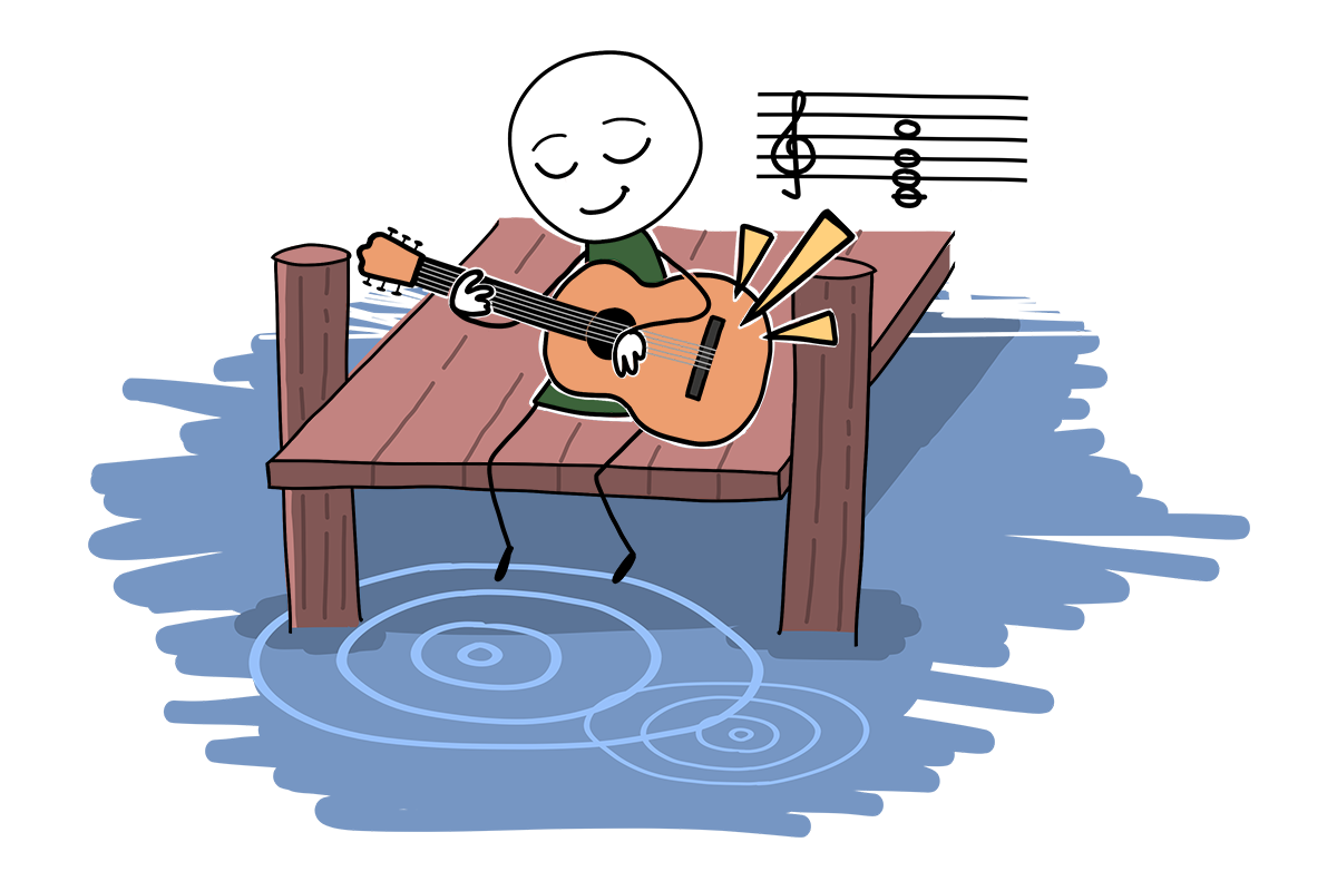A cartoon of a person playing a guitar while sitting on the edge of a dock, with concentric ripples visible on the water surface below the dock