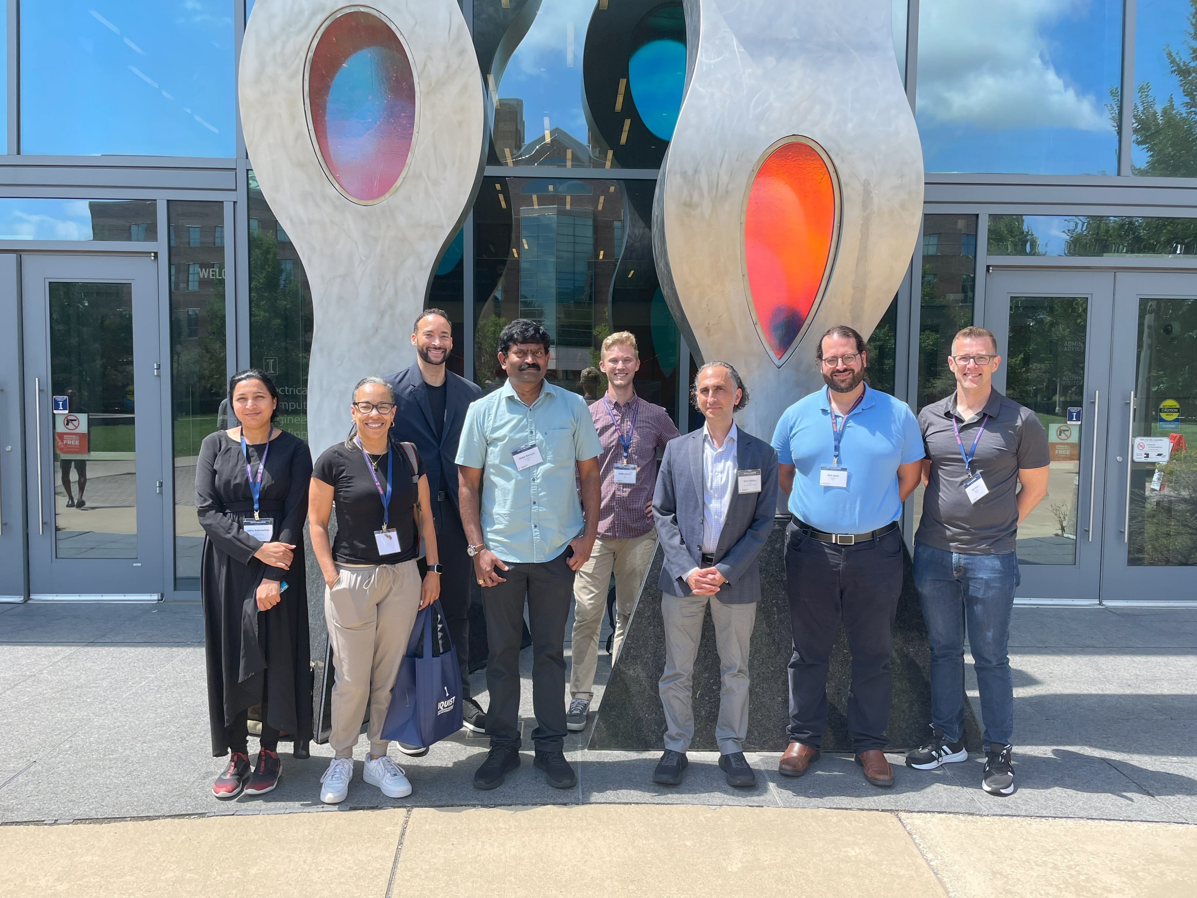 Duality Accelorator innovators and adminstrators with IQUIST Director Brian DeMarco. From left to right: Lalitha Nallamothula, Lisa Hearon, Ezekiel Burts, Venkateswaran Kasirajan, Nathan Arnold, Brian DeMarco, Berk Kovos, Bob Wold